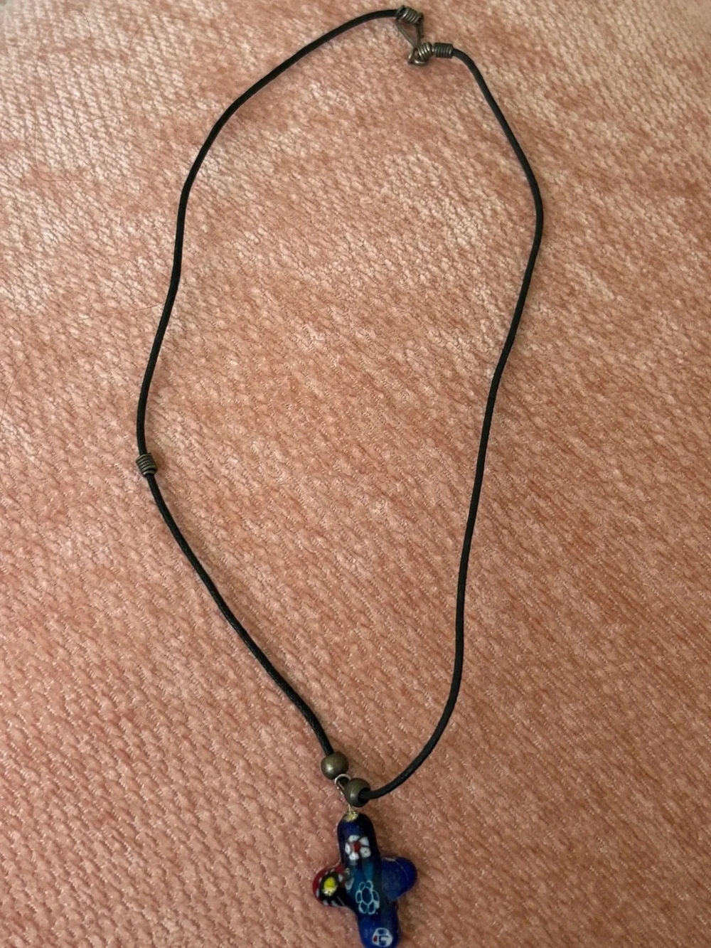 Blue Multicolor Glass Pendant Necklace on Black Cord